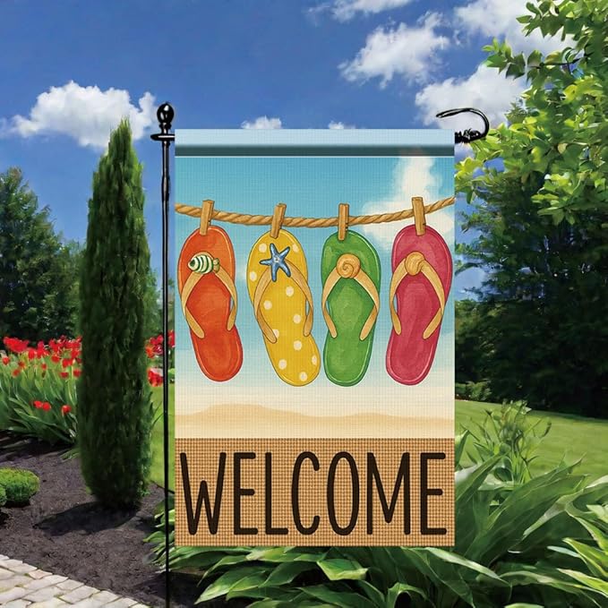 Summer Flip Flop Garden Flag 12x18 Inch Double Sided Outdoor Yard Banner Colorful Beach Sandal Design Welcome Sign for Pool Patio Porch Home Decoration