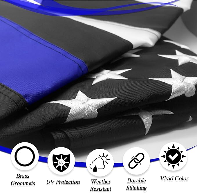 Thin Blue Line Flags 3x5 Outdoor - Embroidered Stars US Police Flag, Heavy Duty Back the Blue Lives Matter Stripe Banner with 2 Brass Grommets