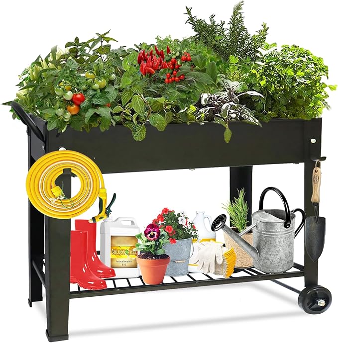 aboxoo Large Planter Raised Beds with Legs Outdoor Metal Planter Box on Wheels Elevated Garden Bed for Vegetables Flower Herb Patio (40" L x 11" W x 31.5" H)