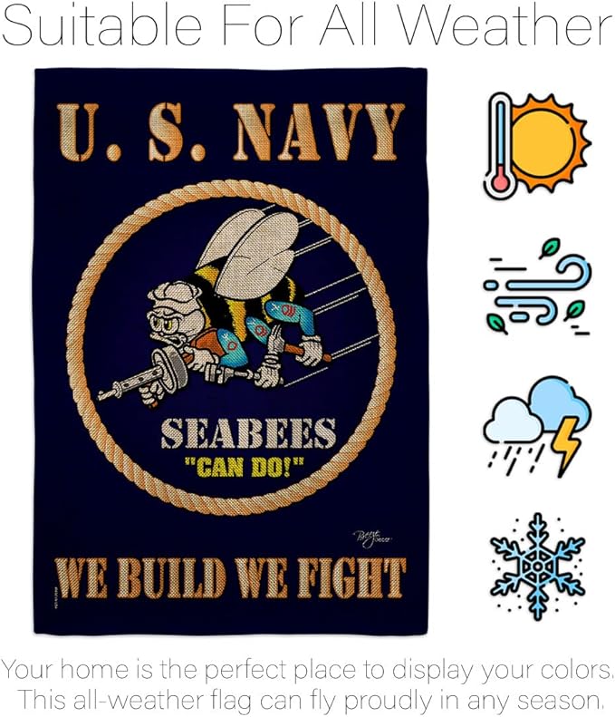 Sea Bees Burlap Garden Flag - Armed Forces Navy USN Seabee United State American Military Veteran Retire Official - House Decoration Banner Small Yard Gift Double-Sided Made In USA 13 X 18.5