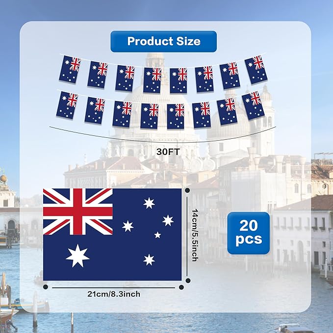 Australia Flags Australian Small Mini Hanging Flags Pennant Banner Decorations For Schools,National Sports Events, Grand Opening,Patriotic Festival, Party, 20Ft 20 PCS
