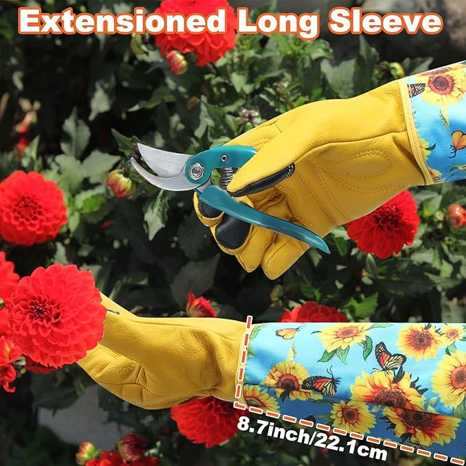 DLY Gardening Gloves for Women, Rose Gloves Gardening Thorn Proof, Long Garden Gloves for Women, Breathable Cowhide Leather Gauntlet (Small, Blue