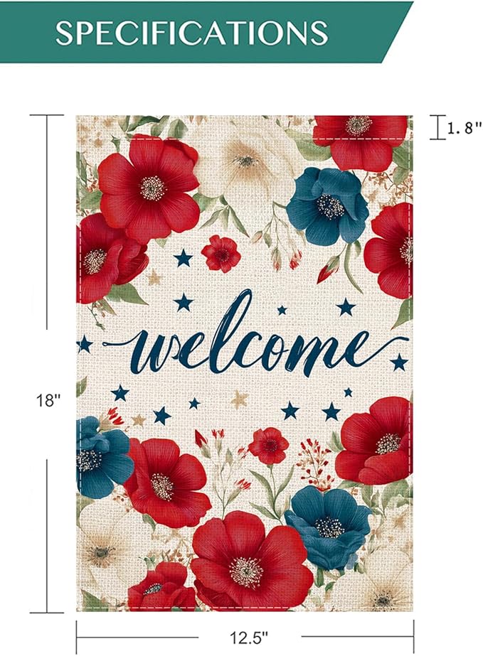 Patriotic Floral Welcome Garden Flag 12.5x18 Inch, Double Sided Burlap Red White Blue Flower Outdoor Yard Flag for Front Porch 4th of July Memorial Day Farmhouse Decor