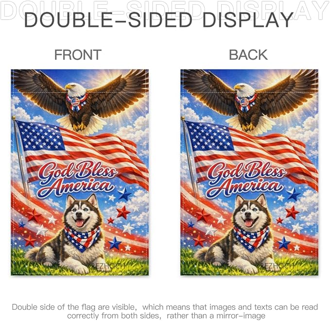 Patriotic Husky Garden Flag 12x18 Inch,American Independence Day Outdoor Yard USA Flag Funny Animal,Red White Blue 4th of July Lawn Porch Double Sided Outside Decor