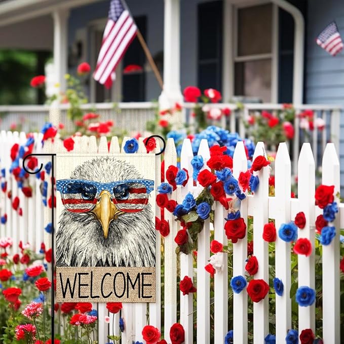 Independence Day Garden Flag for Outside,American Eagle Welcome Yard Flags for 4th of July Patriotic Memorial Day Lawn Porch Outdoor Decorations 12x18 Double Sided