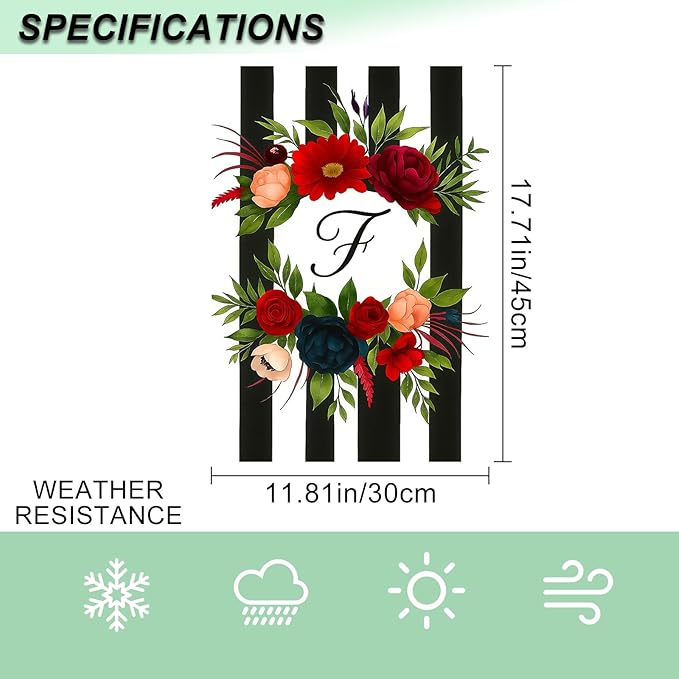 IVN Spring Floral Garden Flag With Mixed Flowers Letter F And Black And White Stripes Wreath Garden Flag Double Sided 12x18 Inch Vertical Farmhouse Yard Outdoor Decoration