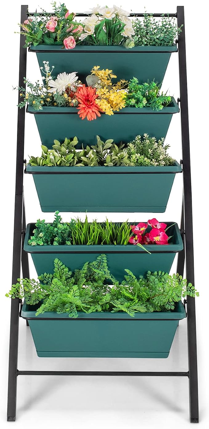 Giantex Vertical Planter Raised Bed, Elevated Garden Beds with Water Drainage Hole, Freestanding 5 Container Boxes for Herb Vegetables Flowers Growing, Outdoor Indoor Patio Balcony (Green, 1)