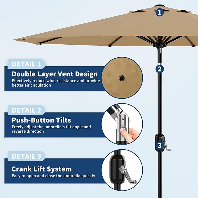 GarveeLife 9FT Patio Umbrella Outdoor, Table Umbrella with Push Button Tilt and Crank, 8 Sturdy Ribs UV Protection Waterproof for Garden, Pool, Market, Deck (Tan)