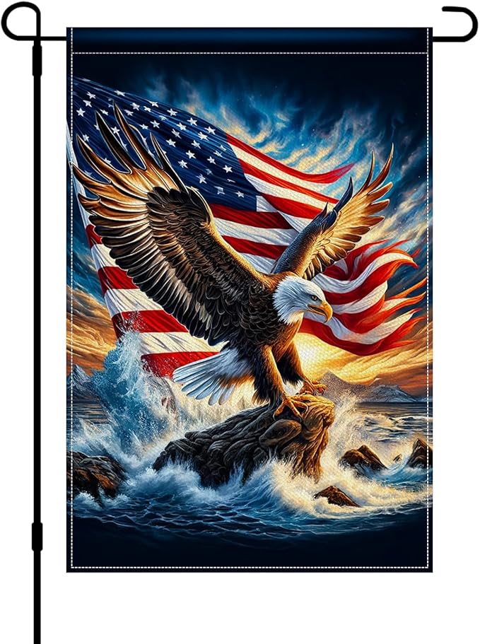 BlissYard Eagle Garden Flag 12x18 Inch Double Sided American Flag Bald Eagle Ocean Wave Burlap Garden Flag Farmhouse Yard Outdoor Banner for Porch Patio Lawn Independence Day Decoration