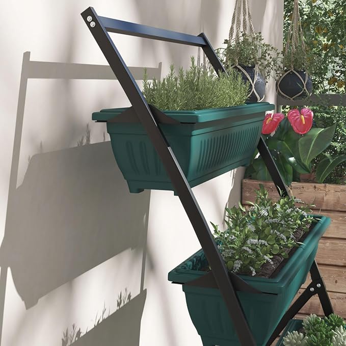 Outdoor Vertical Garden Planter, 4 Tier Balcony Garden Raised Bed Box with Stacking Planters and Self Draining Design, Patio Tower for Vegetables Flowers & Herbs