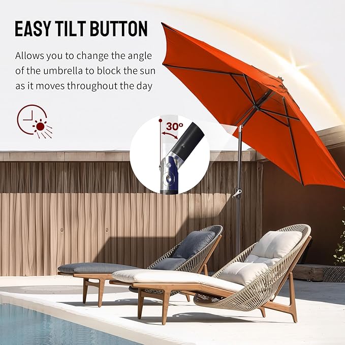 CROWN SHADES 9 Ft Patio Umbrella - Polyester Outdoor Umbrella with 30° Push Button Tilt, Patented Edge Connection Windproof Design for Patio, Pool, Garden & Table, UV Resistent