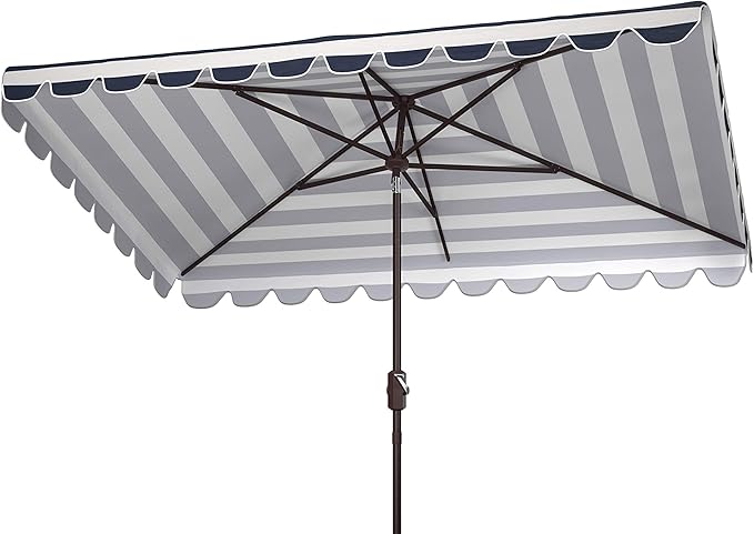 Safavieh PAT8311C Outdoor Vienna Navy and White 6'6" x 10' Rectangle Crank UV Protected Umbrella