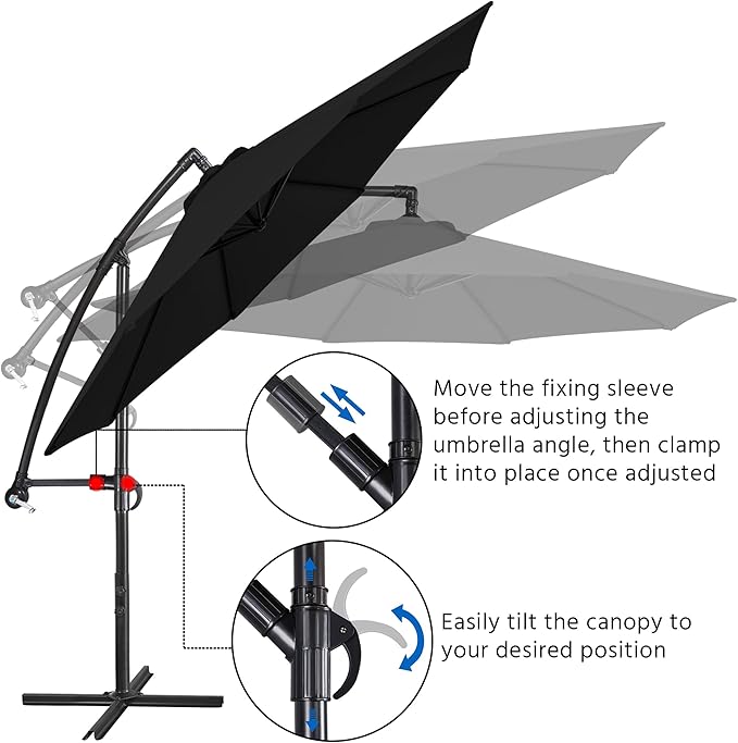 Yaheetech 10FT Patio Offset Umbrella - Cantilever Hanging Outdoor Umbrellas w/Easy Tilt & Cross Base for Market/Garden/Lawn/Deck/Backyard/Pool - Black