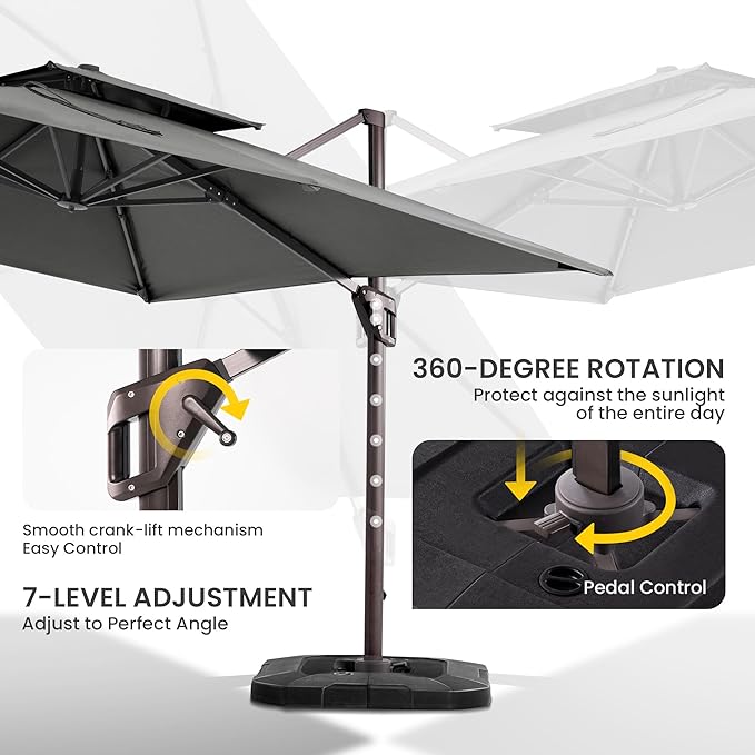 10x10 FT Cantilever Patio Umbrella with Base Included Double Top Outdoor Square Large Heavy Duty Aluminum Offset Umbrellas with 7 Level Tilt 360-degree Rotation for Pool Garden Deck,Grey
