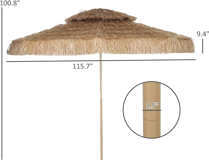 Outsunny 10FT Hula Thatched Tiki Patio Umbrella, 2-Tier Tropical Hawaiian Style Outdoor Umbrella with 8 Ribs, UPF30+, for Garden, Backyard, Deck, Pool, Natural