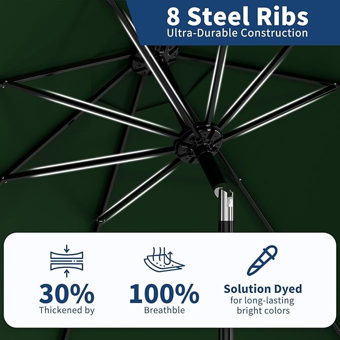 9 ft Patio Umbrella - 8 Sturdy Ribs Outdoor Table Umbrella with Crank Lift & Push Button Tilt - Market Umbrella for Pool, Deck, Yard, Garden - Dark Green