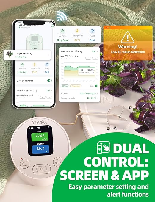 LetPot EC & Temperature Meter with APP, Multi-Layer Electroplated Probe, Water Shortage Reminder, Conductivity Meter for Hydroponic System and Indoor Plant Grow (No Pump)