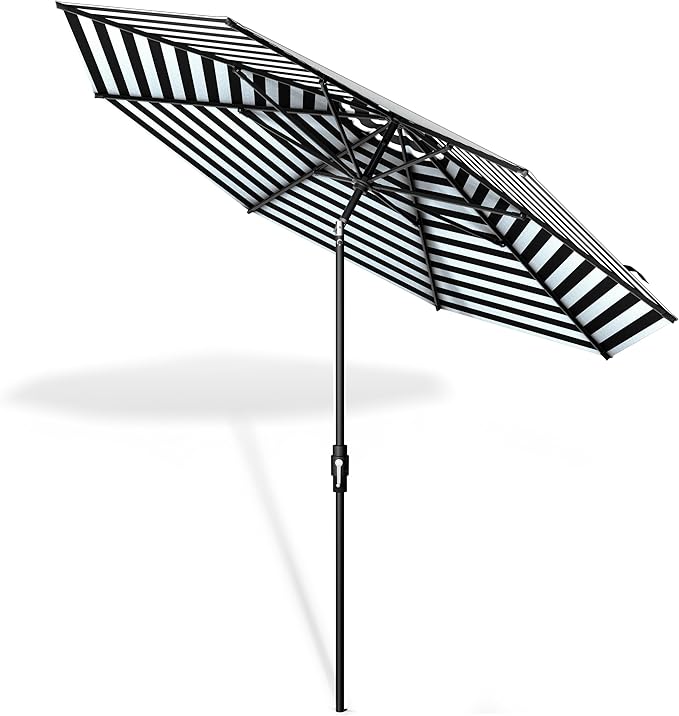 The Swilt 10 Feet Outdoor Umbrella With Terylast Zebra (Black/White Stripes) Polyester Fabric - Fiberglass Ribs, Auto-Tilt And Swivel Aluminum Frame Patio Umbrella For Deck, Garden, Pool - Black Pole