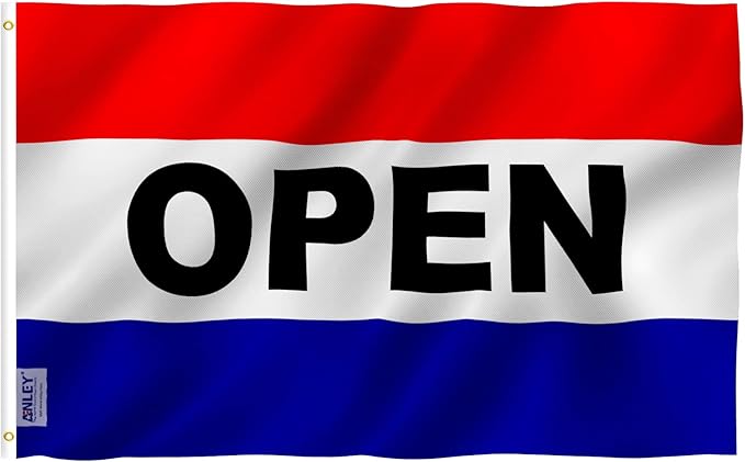 ANLEY Fly Breeze 3x5 Foot Open Flag - Vivid Color and Fade proof - Canvas Header and Double Stitched - Business Open Flags Polyester with Brass Grommets 3 X 5 Ft