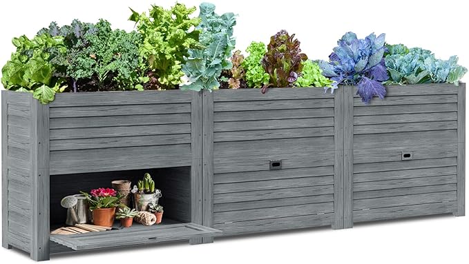 DoCred Wooden Raised Bed Garden with Storage Box, 34" x 18" x 30" Elevated Large Planter Box for Herbs, Vegetables, Flowers Backyard Patio Gardening Balcony