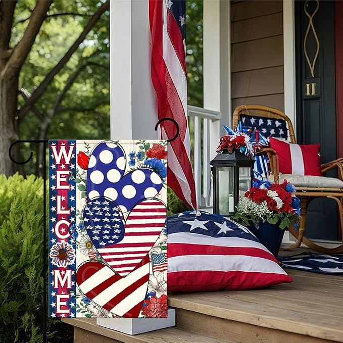 Independence Day Garden Flag for Outside,4th of July Patriotic Welcome Yard Flags,American Stars and Stripes Love Heart Memorial Day Lawn Porch Outdoor Decor 12x18 Double Sided