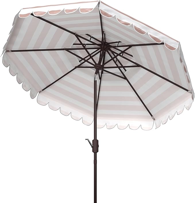 SAFAVIEH 9ft Outdoor Patio Umbrella, Double Top, Vienna Collection, Beige & White Stripe, Scallop Edge, Crank, Button Tilt, UV Resistant for Deck, Backyard, Poolside (PAT8211A)