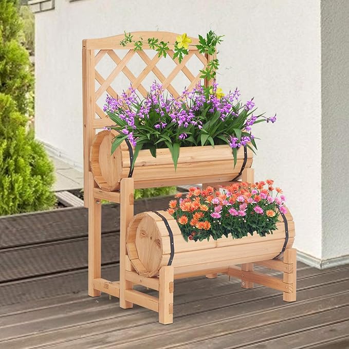 kinbor Outdoor Wood Raised Garden Bed, Raised Planter Box, Planter with Trellis, Elevated Garden Bed for Gardening, Vegetables, Flowers, Climbing Plants Growing Garden Balcony Patio Yard