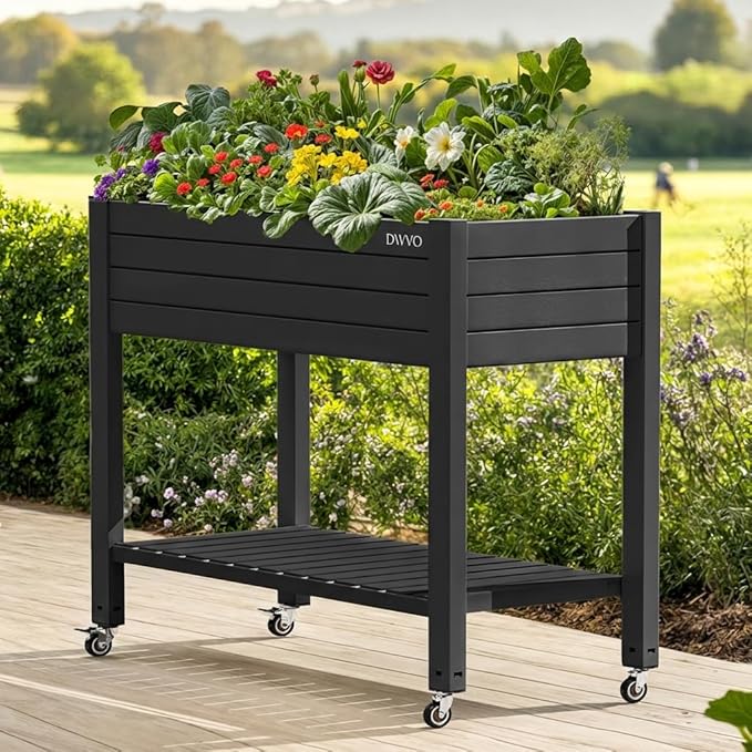 DWVO Raised Garden Bed Kit, 3.6 x 1.5 x 2.8 FT Outdoor Plastic Planter Box with Wheels and Legs, Garden Box with Drain Plug & Storage Shelf for Planting Vegetables, Flowers, and Herbs, Black