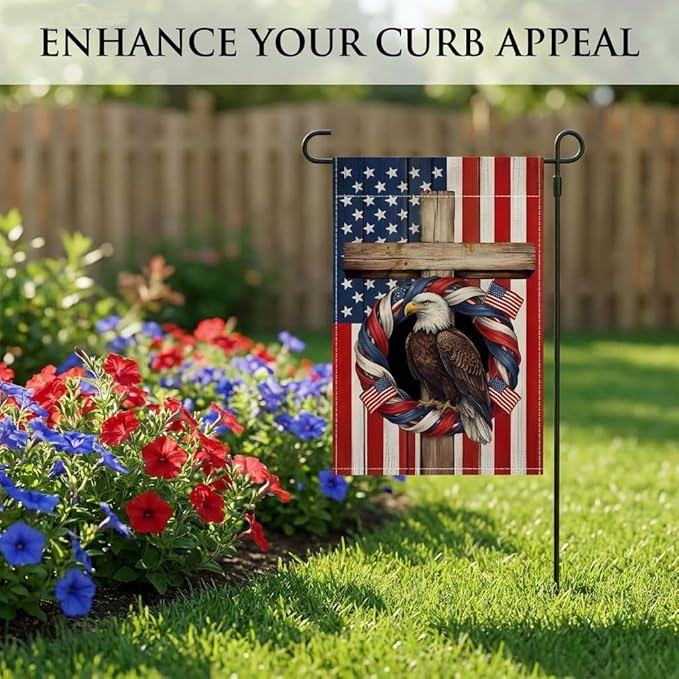 Patriotic Garden Flag, Double-Sided Polyester, Eagle with American Flag Wreath and Cross, 12x18 Inch, Independence Day Vertical Farmhouse Holiday for 4th of July and Memorial Day(D)