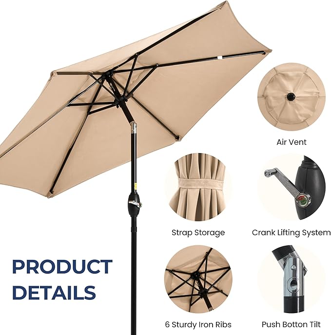 Patio Umbrella Striped Outdoor Table Market Umbrella with Push Button Tilt and Crank Sturdy Aluminum Ribs for Deck, Lawn, Pool& Backyard