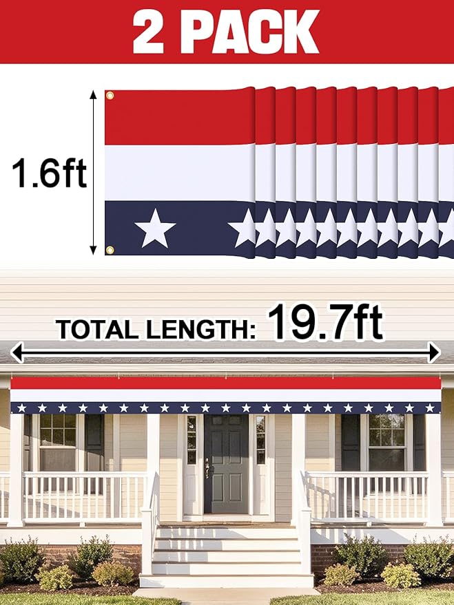 4th of July Decorations Outdoor Patriotic Bunting with Grommets - Star Patriotic Banner Flag for 250th Anniversary Outside Porch Fence, Red White and Blue Decorations, 2 Packs, 1.6ft x 19.7ft