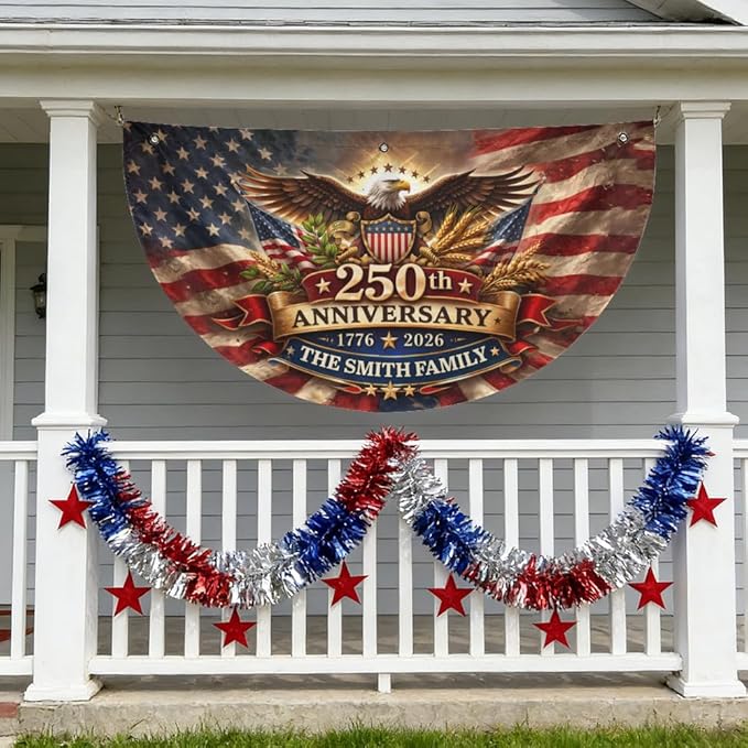 Personalized USA 250th Anniversary Bunting Flag 1776-2026, Double Sided Heavy Duty Patriotic Non-Pleated Fan Flag with Custom Family Name, 4th of July America Porch/Fence/Wall/Outdoor Decor