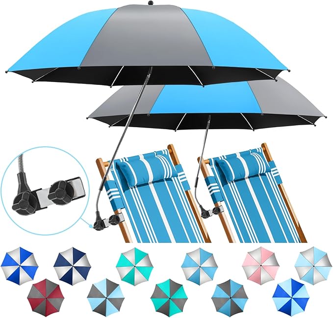 2 Pack Beach Umbrella with 360 Universal Clamp, UPF50+ Umbrella Outdoor Patio Sun Protection for Chairs, Beach &Patio Use (Not Include Chair)