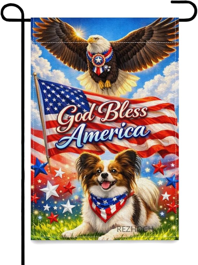 Patriotic Papillon Garden Flag 12x18 Inch,American Independence Day Outdoor Yard USA Flag Funny Animal,Red White Blue 4th of July Lawn Porch Double Sided Outside Decor