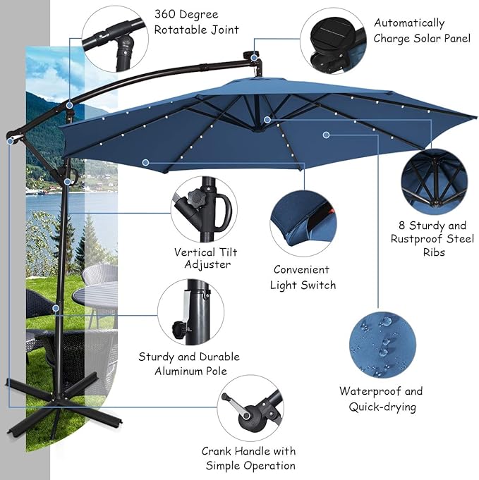 Tangkula 10 FT Solar Patio Umbrella, Offset Cantilever Outdoor Umbrella with 360 Degree Rotation, Aluminum Pole, Easy Tilt Adjustment, Crank Handle & Cross Base for Pool Deck Garden Backyard