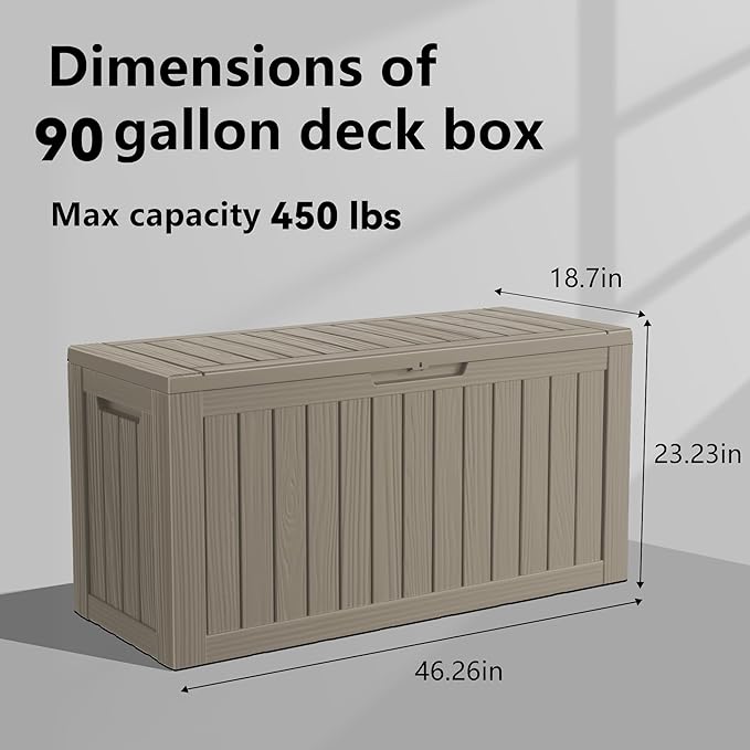 PatioZen 90 Gallon Resin Deck Box, Lockable Patio Outdoor Storage Box for Furniture, Garden Tools and Tools Storage, Waterproof Outside Storage Boxes - Grey
