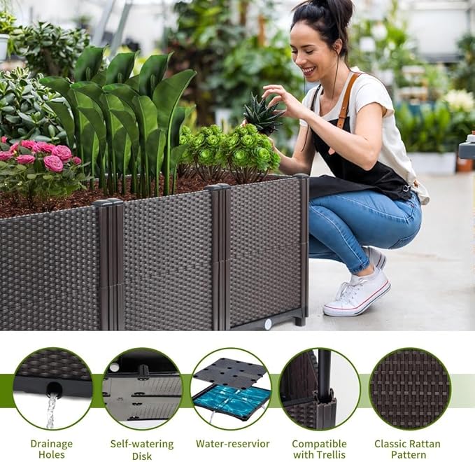 Emalie Deep Raised Garden Beds Large Plastic Planter Box with Drainage Plugs for Veggies Flowers Herbs Deep Root Plants Growing, 47.2" Lx15.7 Wx16.9 H Brown