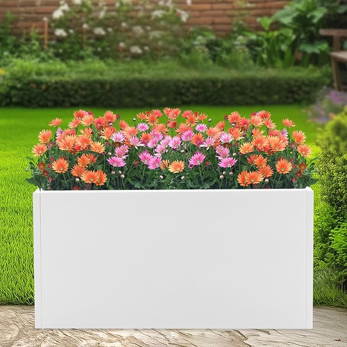 Metal Planter Box, Tall Rectangular Raised Garden Bed with Removable Shelf and Drainage Holes, Modern Steel Garden Planter, Flower Planter Boxes for Patio, Yard & Porch, Outdoor (White, 38*16*20in)
