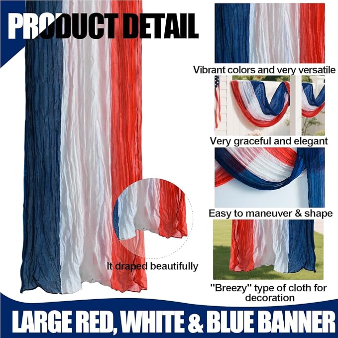 2 PCS 3 * 20ft Patriotic Bunting Banner 4th of July American Bunting Flag Red White and Blue Banner Outdoor Decoration for Independence Day Party Labor Day Veterans Day Memorial Day Porch Yard Door
