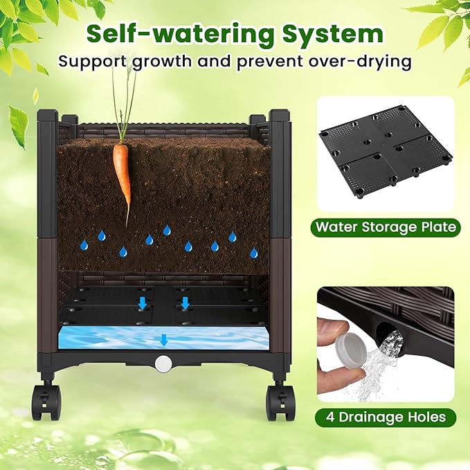 HAPPYGRILL 87" Raised Garden Bed w/Trellis, Self-Watering Planter Box w/ 3 Adjustable Heights, Lockable Wheels for Climbing Plants Flowers Vine, Indoor Outdoor Vertical Tomato Cage for Garden (2)