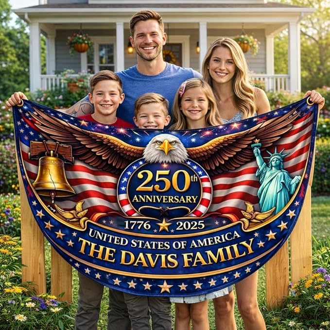 Personalized 250th Anniversary Bunting Flag, Custom Family Name Patriotic Semiquincentennial Porch Decor, 250 Years of Independence Day Gift, Patriotic Family Fence, Garden Decor