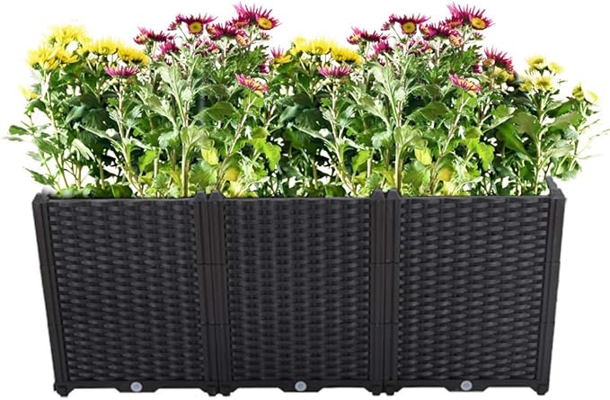 BAOYOUNI Rectangular Raised Garden Bed Kit Plastic Planter Growing Box for Vegetables, Herbs, Flowers & Succulents in Balcony, Patio or Yard, Enjoy Your Farming Life, Black