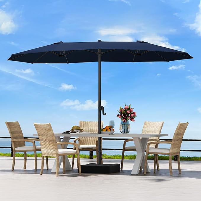 OLILAWN15ft Large Deck Umbrella with Base Included, Outdoor Patio Double-Sided Rectangle Market Umbrella with Aluminium Crank, 12 Sturdy Ribs, for Patio Deck Porch Garden, Dark Blue