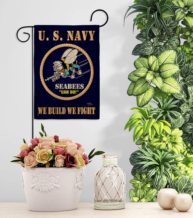 Sea Bees Burlap Garden Flag - Armed Forces Navy USN Seabee United State American Military Veteran Retire Official - House Decoration Banner Small Yard Gift Double-Sided Made In USA 13 X 18.5