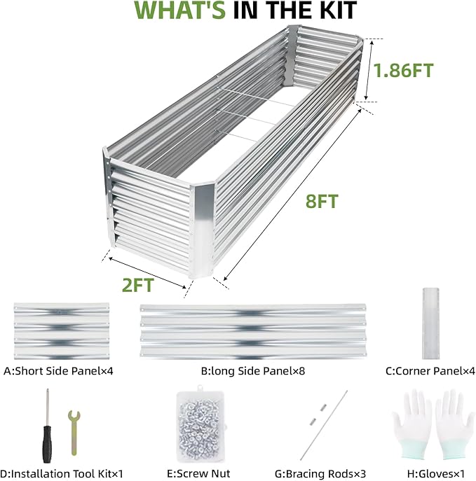 8x2x1.86ft Raised Garden Bed - Galvanized Deep Root Planter Boxes Outdoor with Wing Nuts and Safety Edges for Gardening Vegetables, Flowers, Herbs, Succulents - Silver