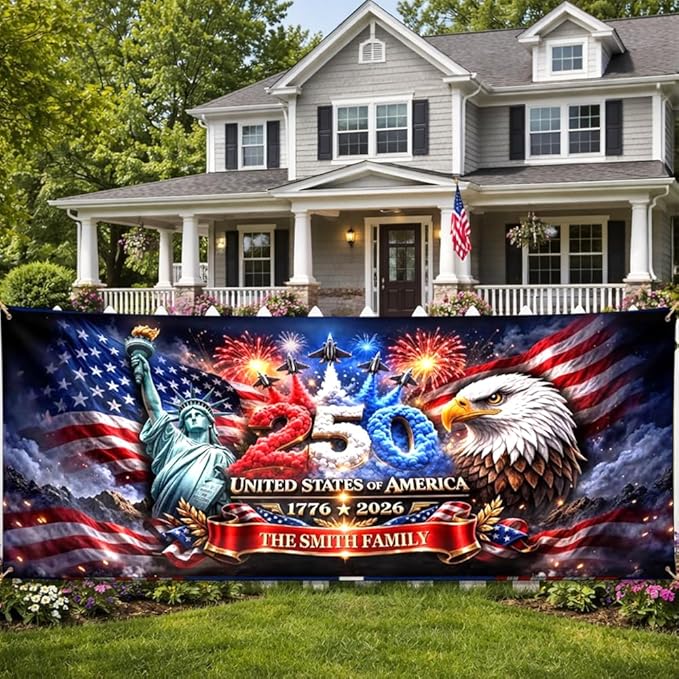 Personalized 250 Years of Freedom USA Banner 1776-2026, Patriotic American Eagle Flag for Independence Day, Customizable Family Name Outdoor Banner, USA Anniversary Decoration for Gardens & Porches A3