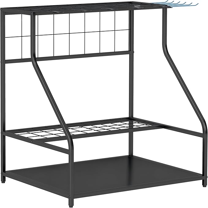 Outsunny Garden Tool Organizer for Garage, 3-Tier Yard Tool Storage Rack with Hooks for Long-Handled, Broom, Shovel, Rake, Metal Garden Tool Storage for Shed, Yard, Garage, Blue