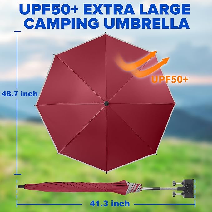 Beach Umbrella,2PACK 48.7inch Chair Umbrella with Clamp adjustable 360°,UV Protection Large Camping Chair Umbrellas for Camping chair, Glof Cart,Table(Chair,Table not include)