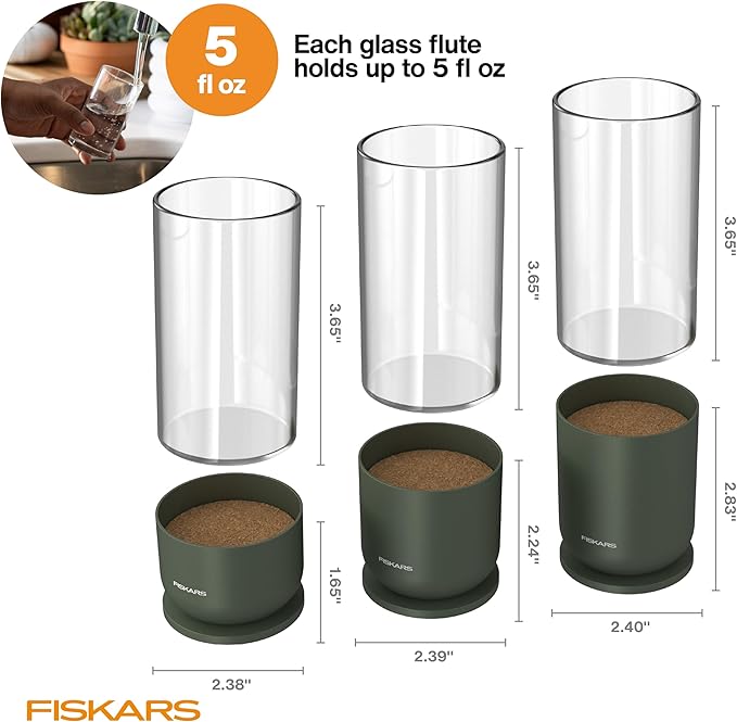Fiskars Plant Propagation Set, Glass Vases with Metal Stands for Rooting Cuttings, Hydroponic System for Growing Plants in Water & Decorative Display for Indoor Garden Decor, 3 Pack, Clear