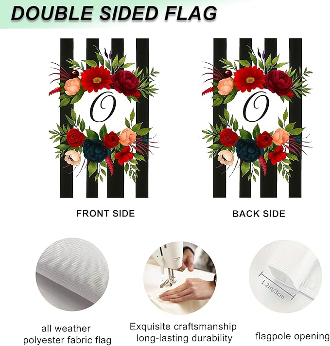IVN Spring Floral Garden Flag With Mixed Flowers Letter O And Black And White Stripes Flower Circle Garden Flag Double Sided 12x18 Inch Vertical Farmhouse Yard Outdoor Decoration